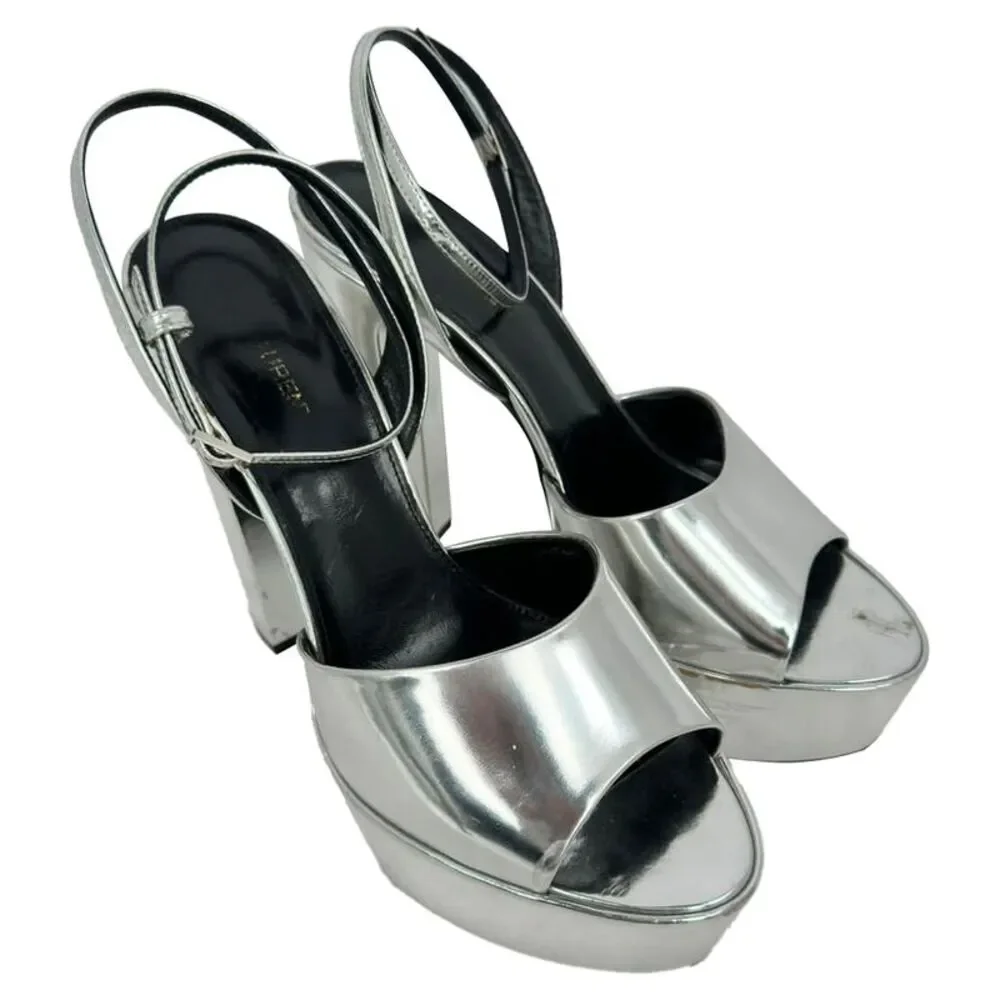 Saint Laurent Jodie Platform Sandals in Metallic Silver Patent Leather